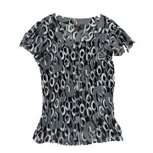 Serenade NY Button Front Top Womens‎ XL Gray Black Accordion Pleat Short Sleeve